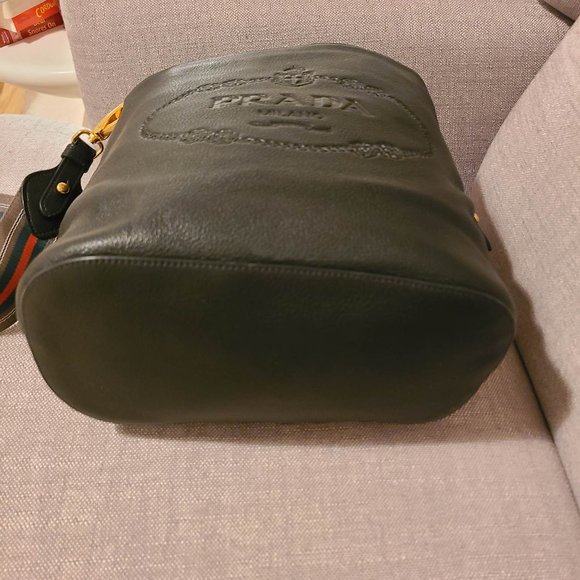 PRADA SECCHIELLO Embossed Logo Black Leather Cross Body Bag - Picture 4 of 5